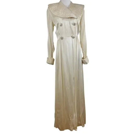 Vintage 30s 40s KAMORA Ivory Liquid Satin Maxi Dressing Gown Robe Women's Size S - Picture 5 of 15